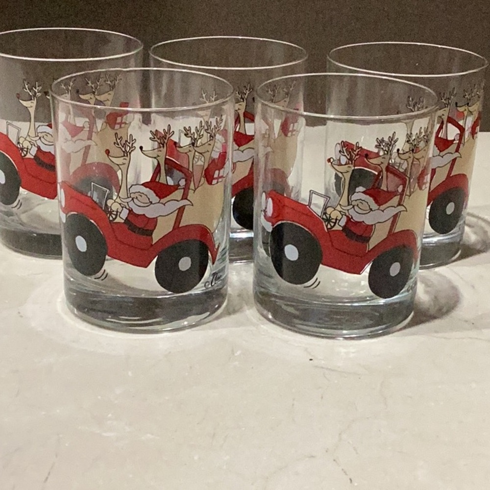CERA Vintage MCM Holiday Drinking Glass-Set of 5-Santa Reindeer Jeep Lowball